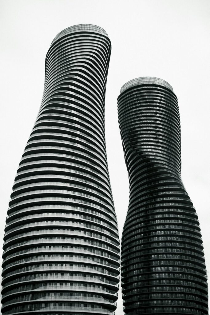 Facade of Absolute World Residential Twin Towers in Mississauga, Ontario, Canada